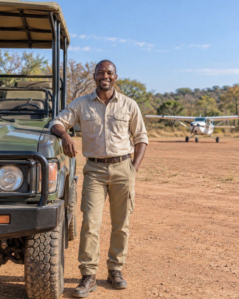 A guide beside a game-drive vehicle at an airstrip