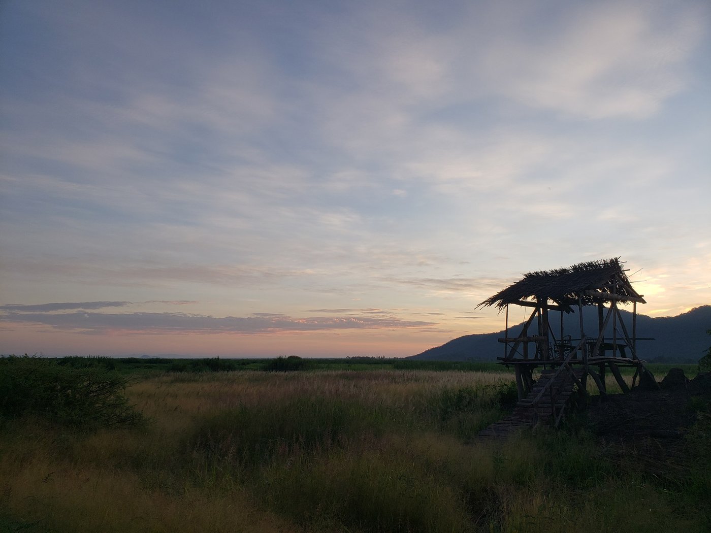 Eine mit Schilf gedeckte Aussichtsplattform über der Überschwemmungsebene bei Einbruch der Dunkelheit, Teil des Shire Eco Safari Camp